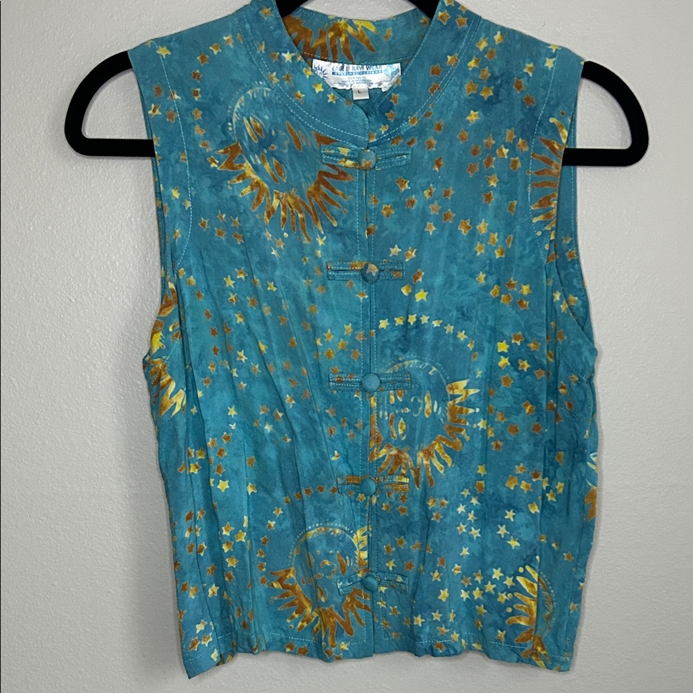 Celestial Mandarin-Collar Sleeveless Tunic - Teal & Gold